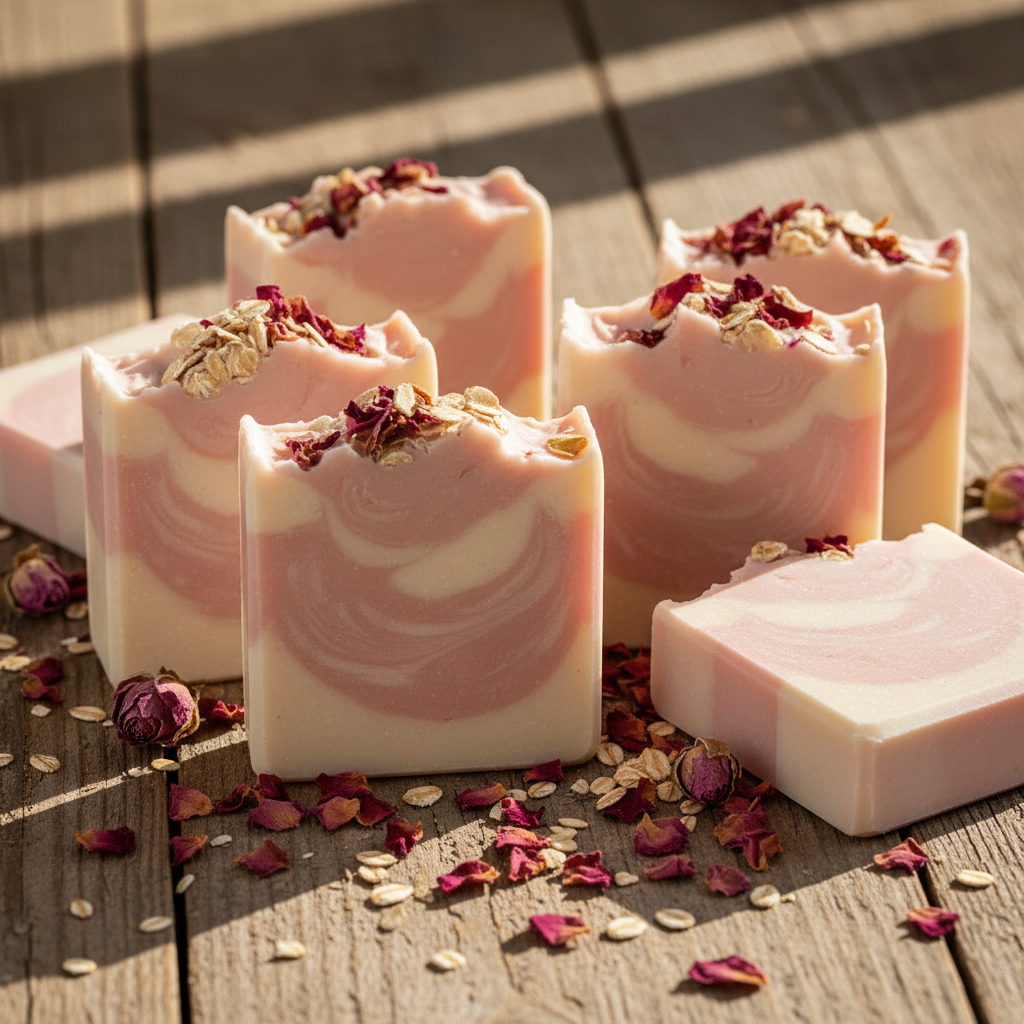 Swirled pink and white soap bars with dried flowers on a wooden surface